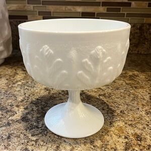 Vintage FTD Milk Glass Pedestal Bowl Planter Leaf Pattern 6”